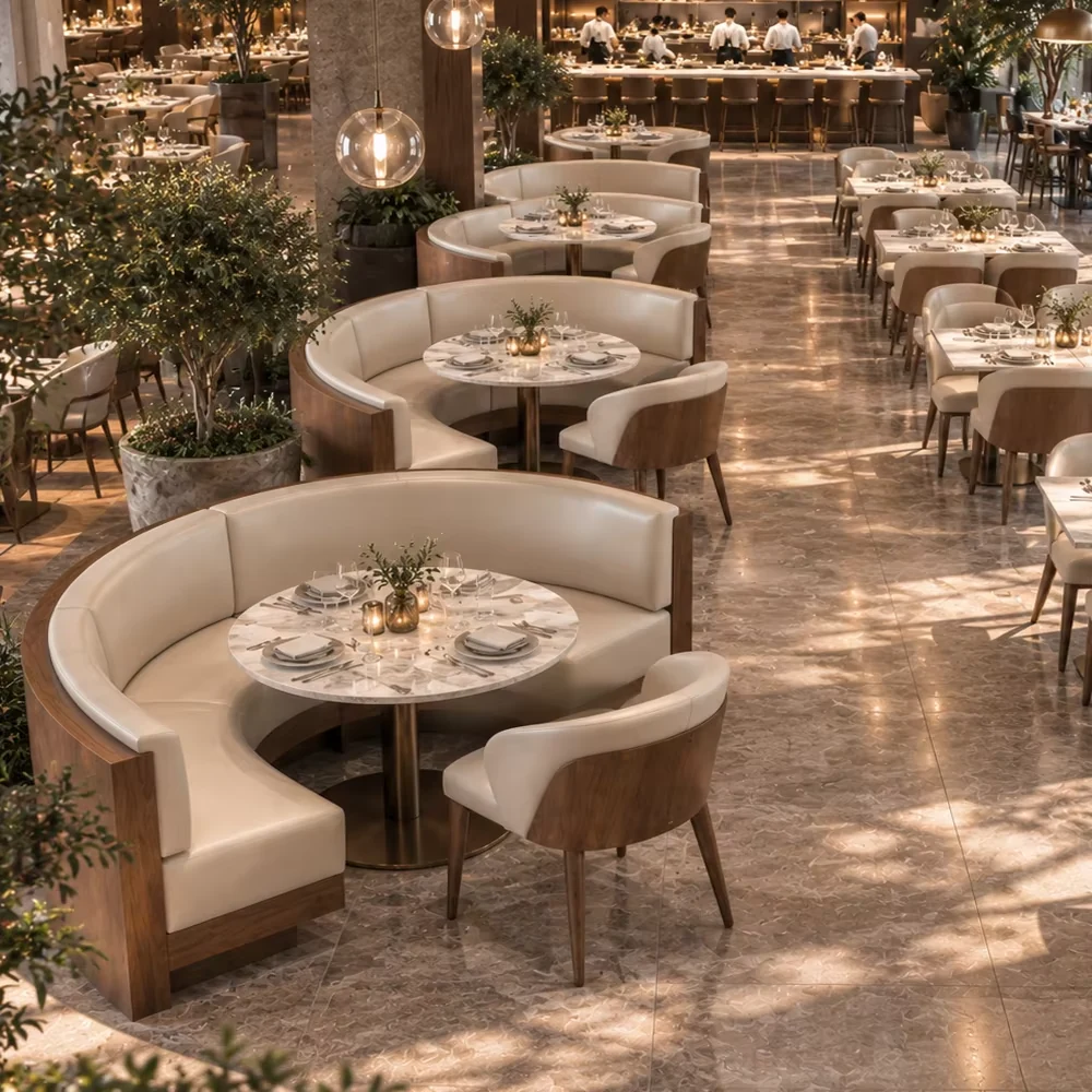 Curved Marble-Top Leather Booth Seating