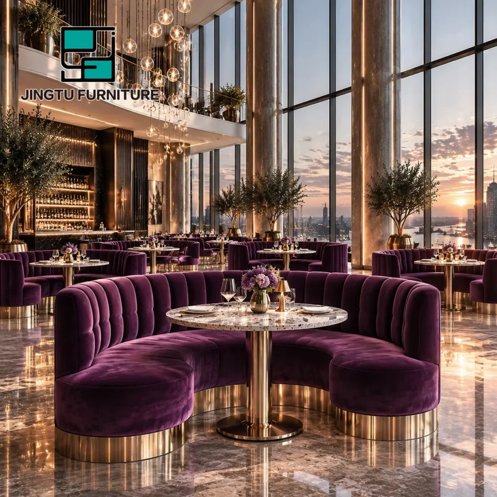 Curved Marble-Top Fabric Booth Seating